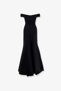 Black off-the-shoulder mermaid gown with sleek silhouette and subtle sheen by chiara boni in satin material