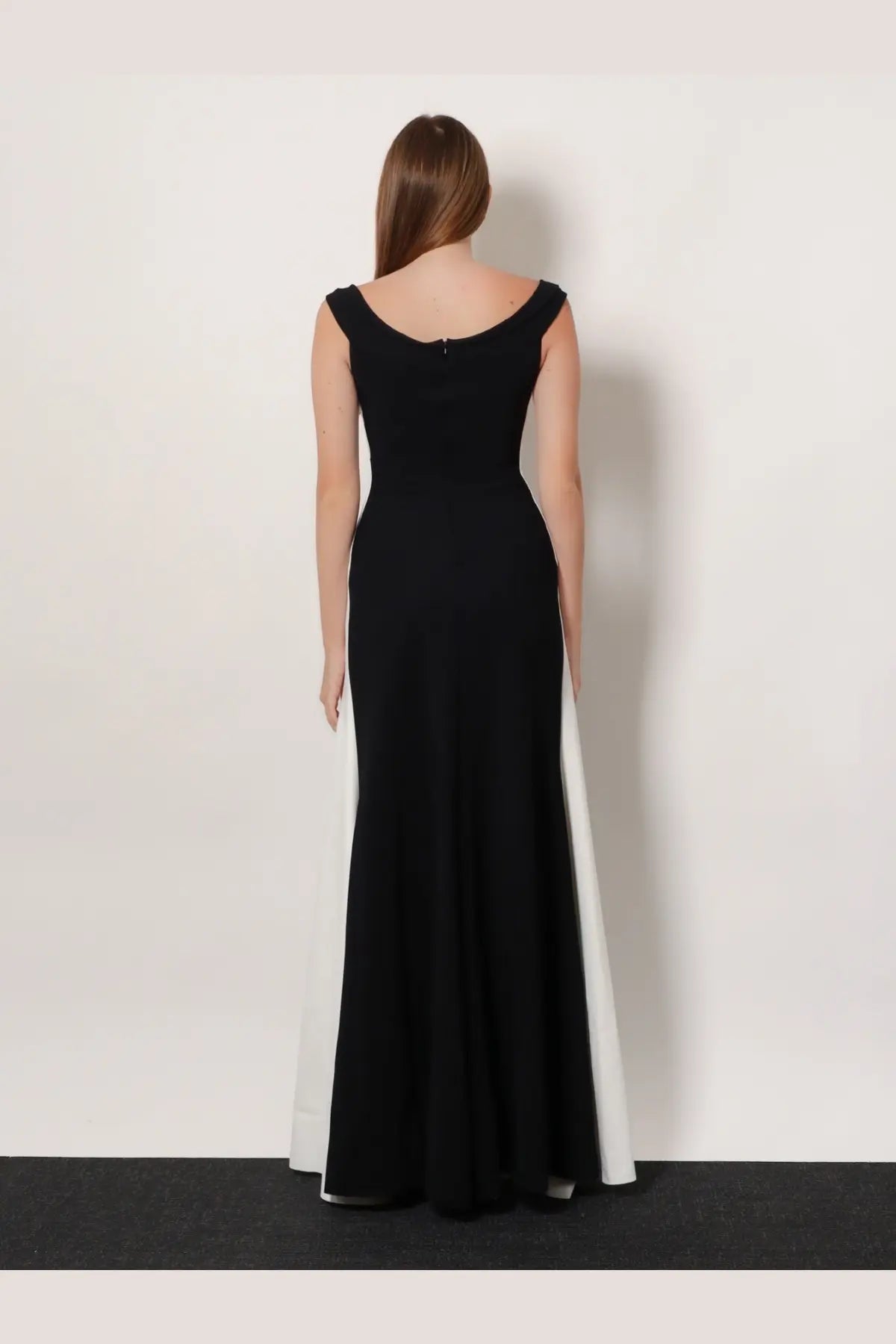 Chiara Boni women’s goem satin long dress in sleek black and white two-tone with fitted bodice and flowing skirt