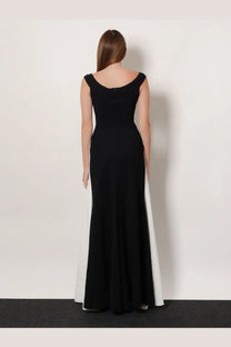 Chiara Boni women’s goem satin long dress in sleek black and white two-tone with fitted bodice and flowing skirt