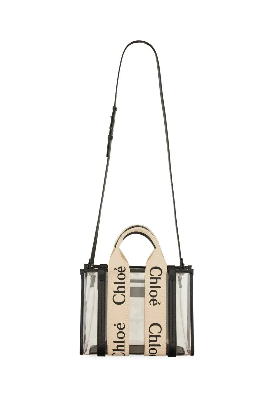 Clear acrylic tote bag with black leather trim cream fabric handles and chloé logo in black from chloé women’s bag woody black