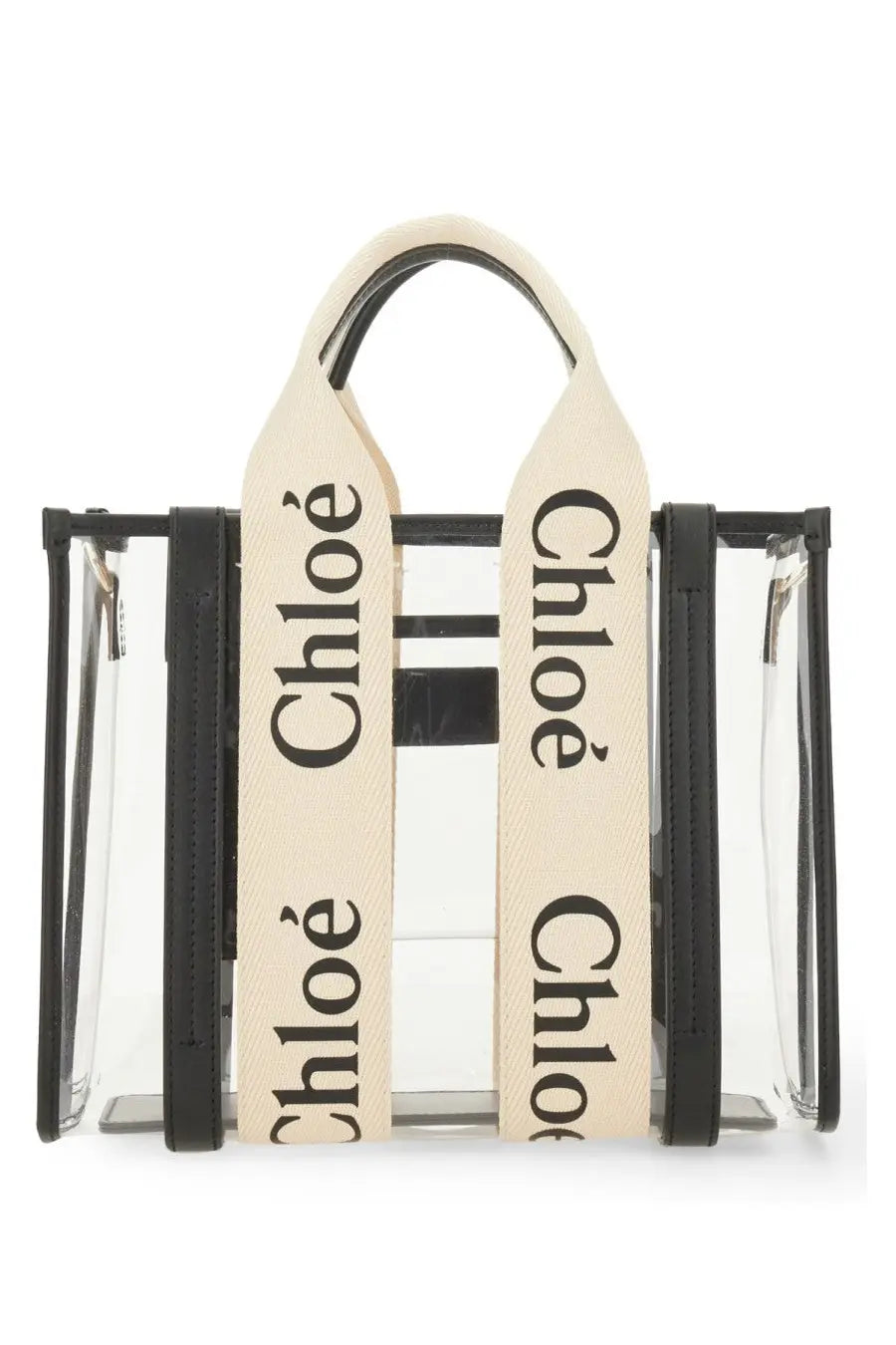 Chloé women’s woody black clear acrylic tote bag with black leather trim cream canvas handles and bold chloé lettering