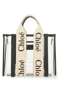 Chloé women’s woody black clear acrylic tote bag with black leather trim cream canvas handles and bold chloé lettering