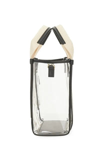 Chloé women’s clear plastic tote bag woody black with black trim and cream-colored fabric handles