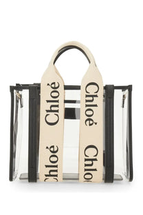 Chloé women’s clear plastic tote bag woody black with black trim cream canvas handles and bold logo lettering