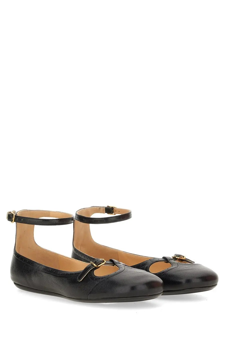 Chloé women’s ballerina misty black leather flats with ankle strap and gold-tone buckle details