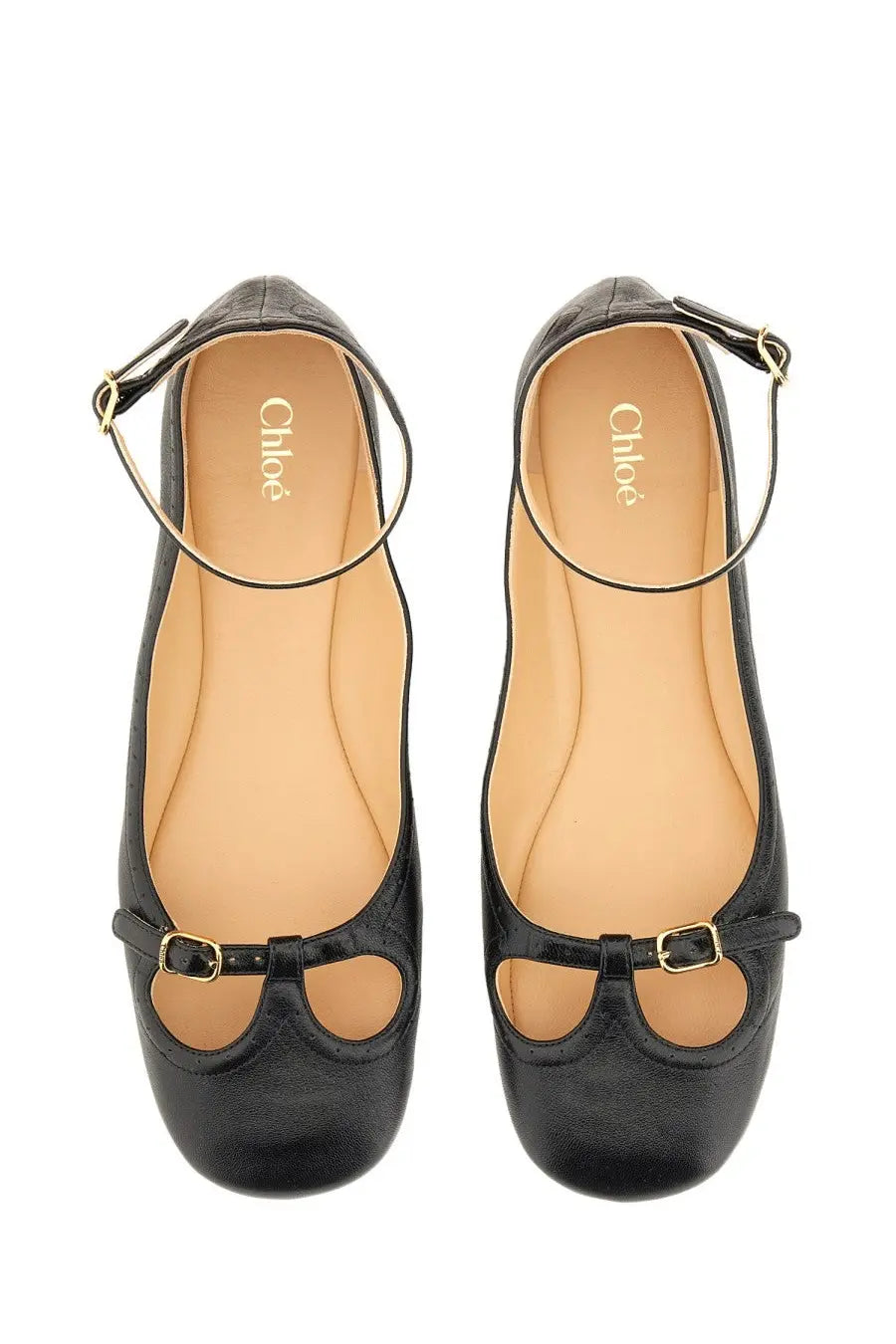 Chloé women’s ballerina misty black black leather ballet flats with gold-tone buckle details and ankle straps