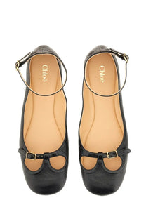 Chloé women’s ballerina misty black black leather ballet flats with gold-tone buckle details and ankle straps