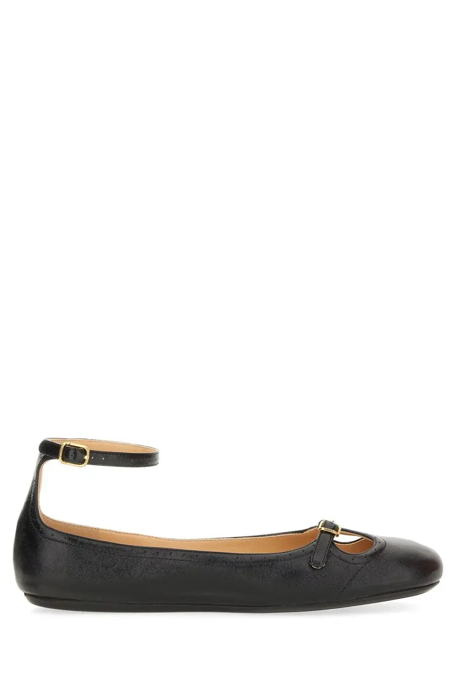 Chloé women’s ballerina misty black leather flat shoe with ankle strap and gold-tone buckle