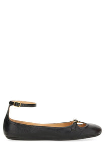 Chloé women’s ballerina misty black leather flat shoe with ankle strap and gold-tone buckle