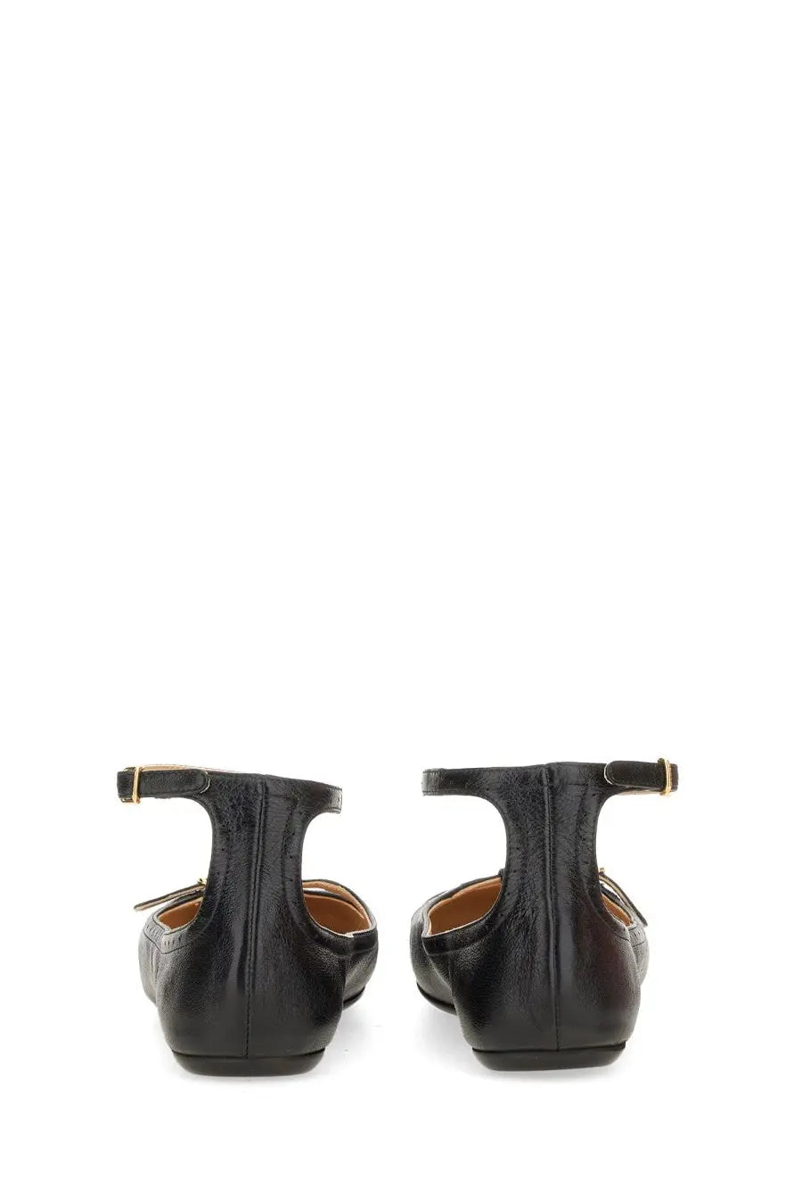 Chloé women’s ballerina misty black leather flat shoes with t-strap design and gold-tone buckle accents