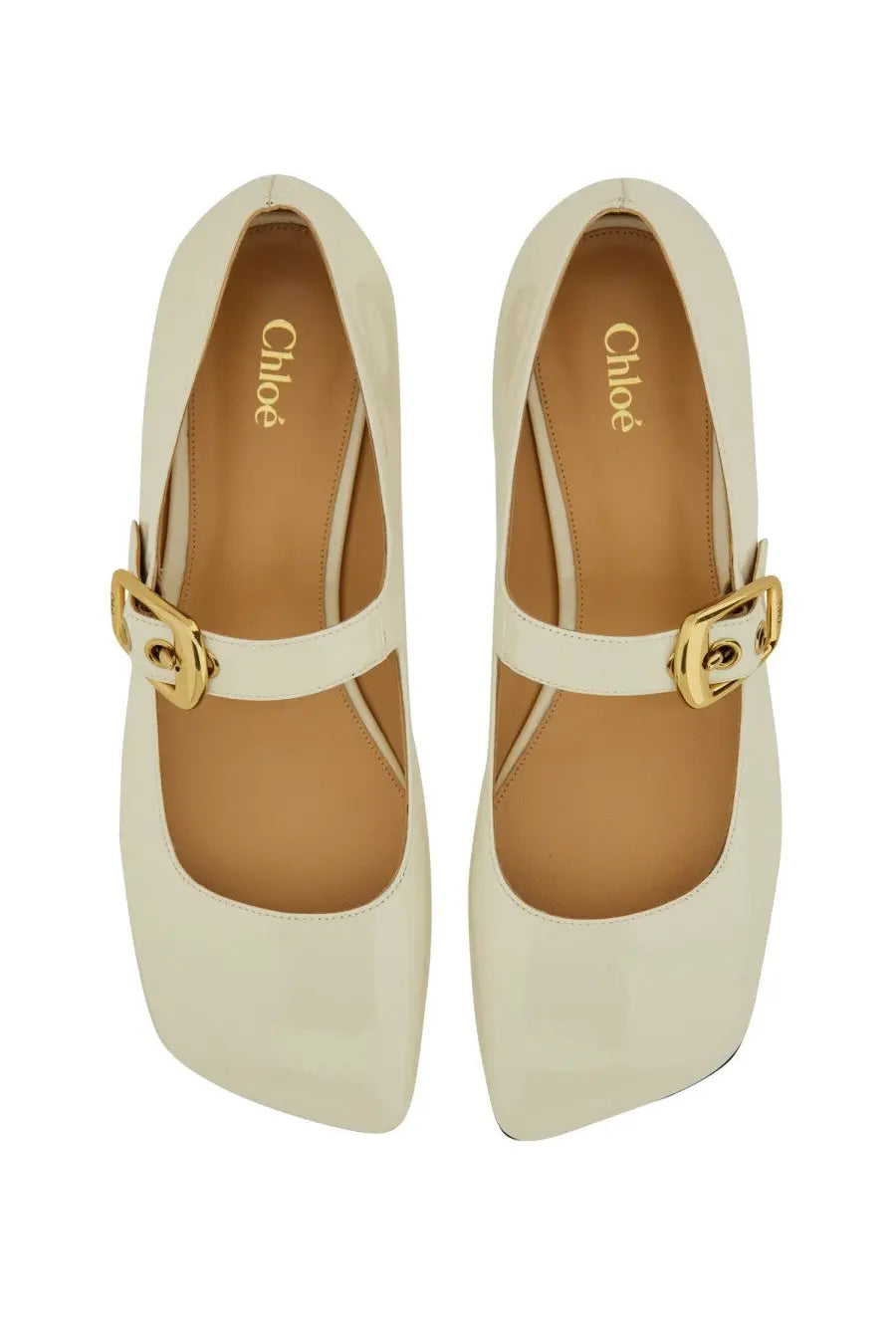 Chloé women’s ballerina Polly white cream-colored leather mary jane pumps with gold-tone buckle details