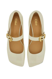 Chloé women’s ballerina Polly white cream-colored leather mary jane pumps with gold-tone buckle details
