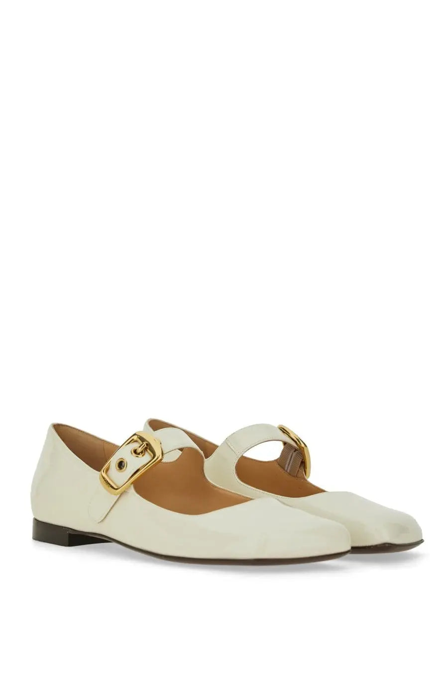 Chloé women’s ballerina Polly white cream-colored leather mary jane flats with gold-tone buckle details