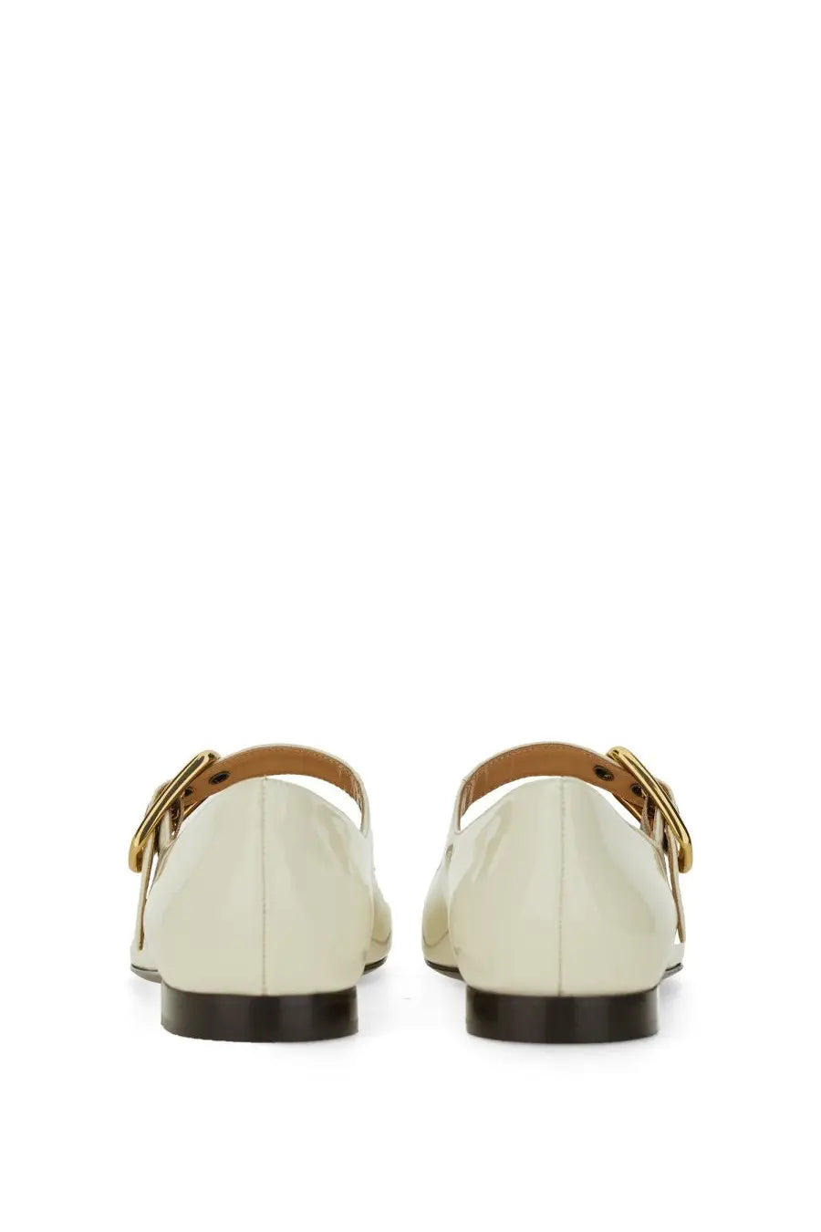 Chloé women’s ballerina polly white cream patent leather flats with gold buckle straps and black soles