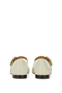 Chloé women’s ballerina polly white cream patent leather flats with gold buckle straps and black soles