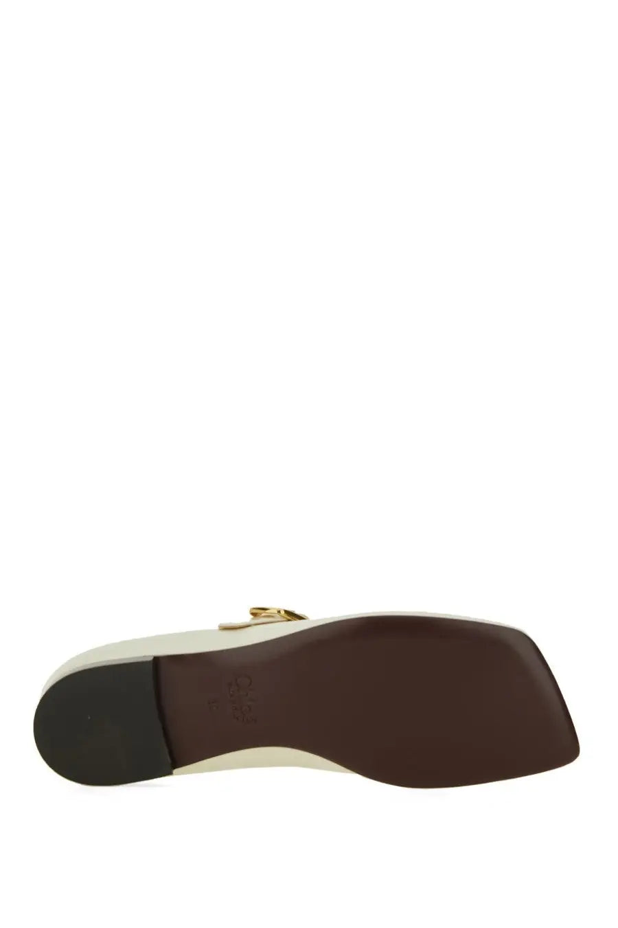 Chloé women’s ballerina polly white leather mule shoe with gold-tone buckle and brown rubber sole