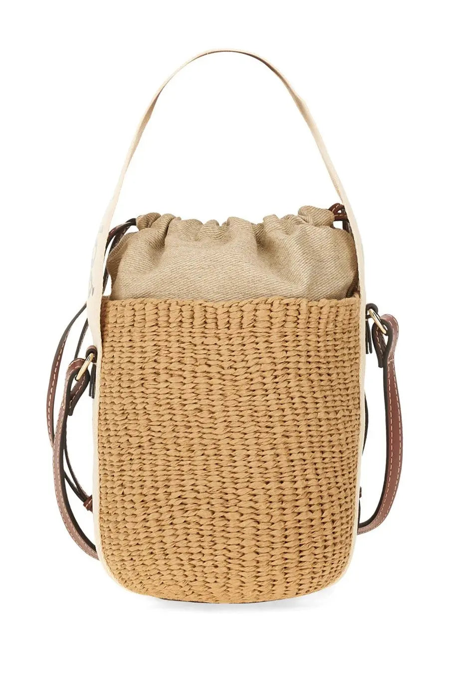 Beige woven straw bucket bag with tan leather handles and shoulder strap chloé women’s borsa secchiello woody white