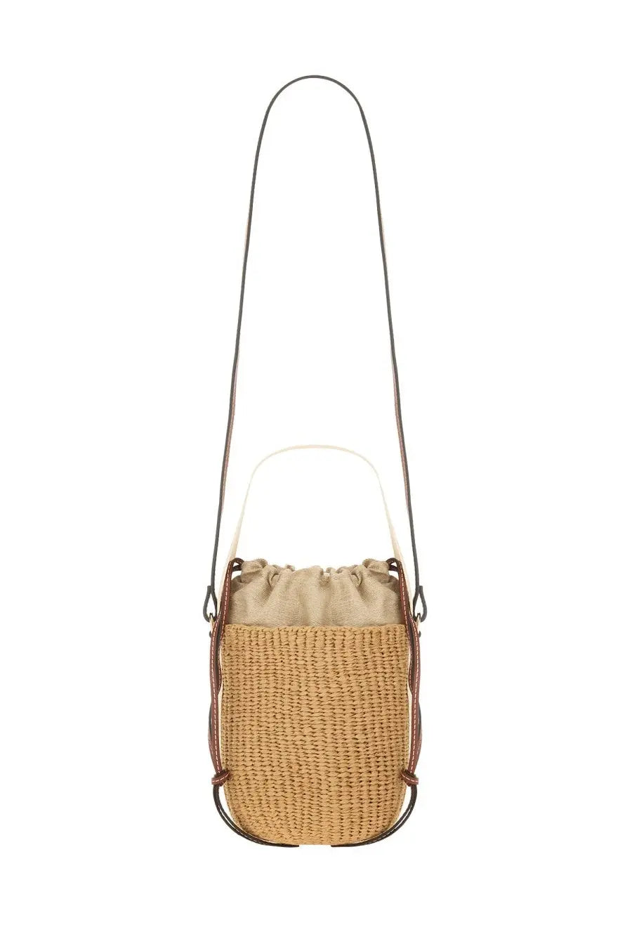 Chloé women’s borsa secchiello woody white woven straw bucket bag with beige drawstring and brown leather trim
