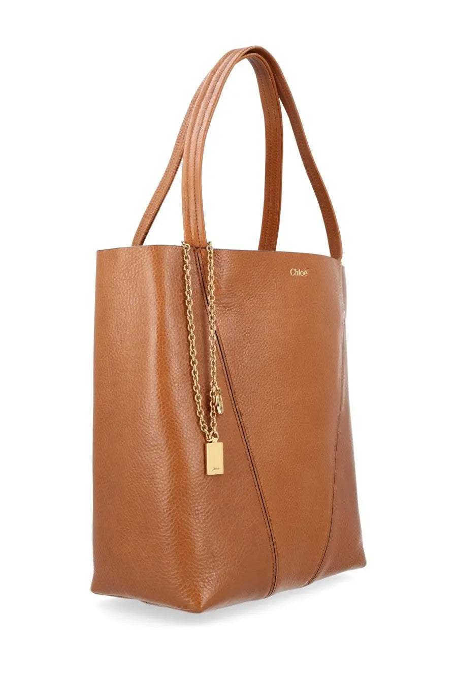 Tan leather tote bag with gold-tone chain and plaque charm by Chloé in medium brown for women