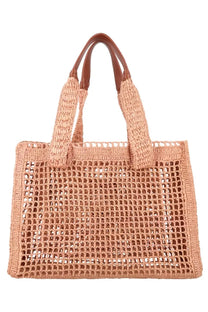 Beige woven straw tote bag with brown leather handles from chloé womens borsa tote summer banana east west blue collection