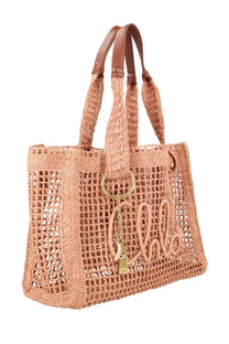 Chloé women’s borsa tote summer banana east west blue peach woven straw bag with brown leather handles and gold logo charm