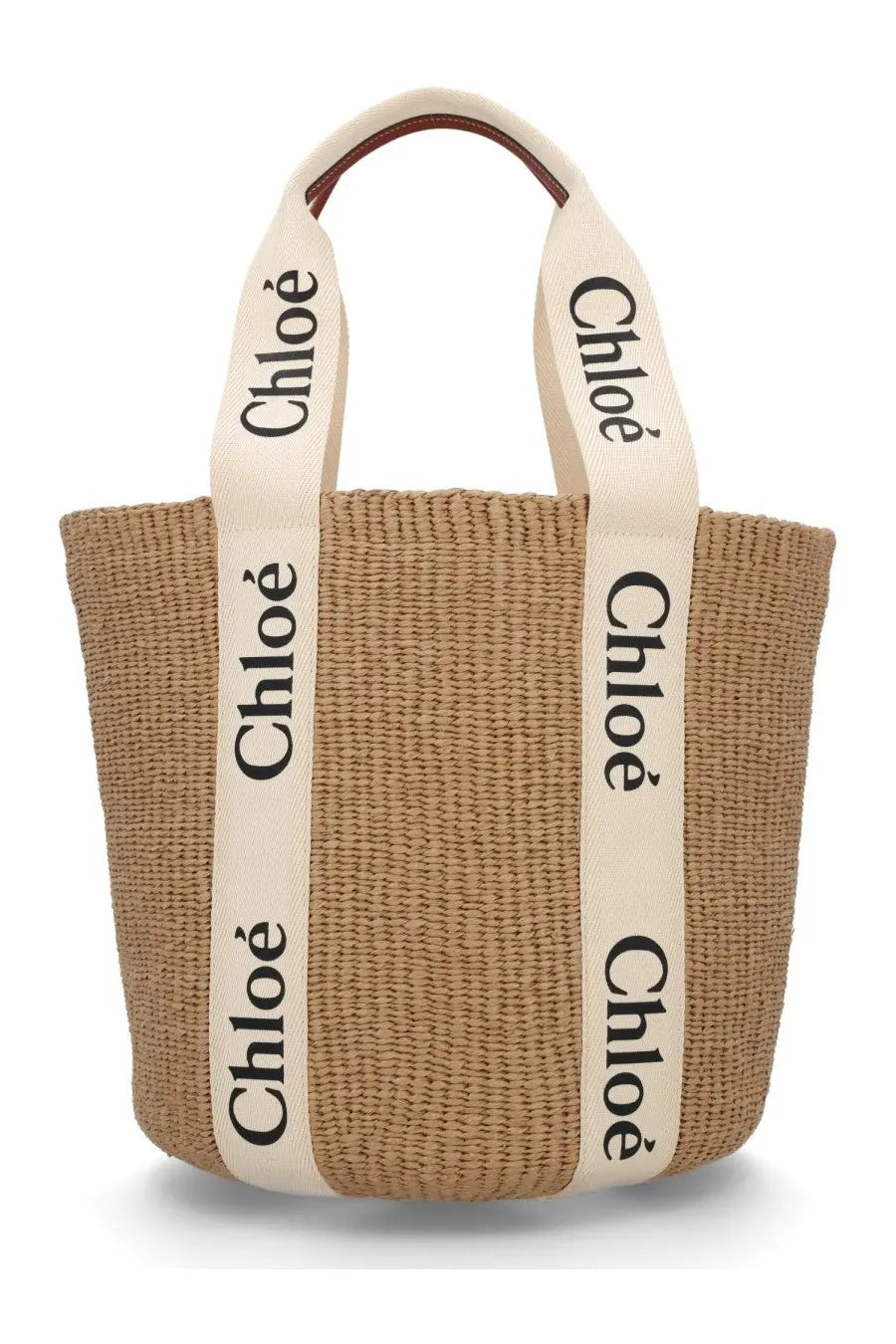 Beige woven straw tote bag with cream handles black chloé lettering and brown leather accents chloé women’s borsa woody large white