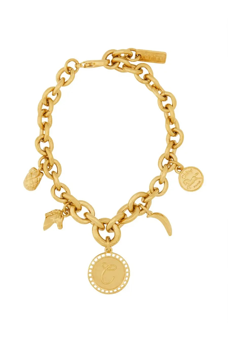 Chloé women’s gold-toned chain bracelet with multiple charms including a circular pendant engraved with a c