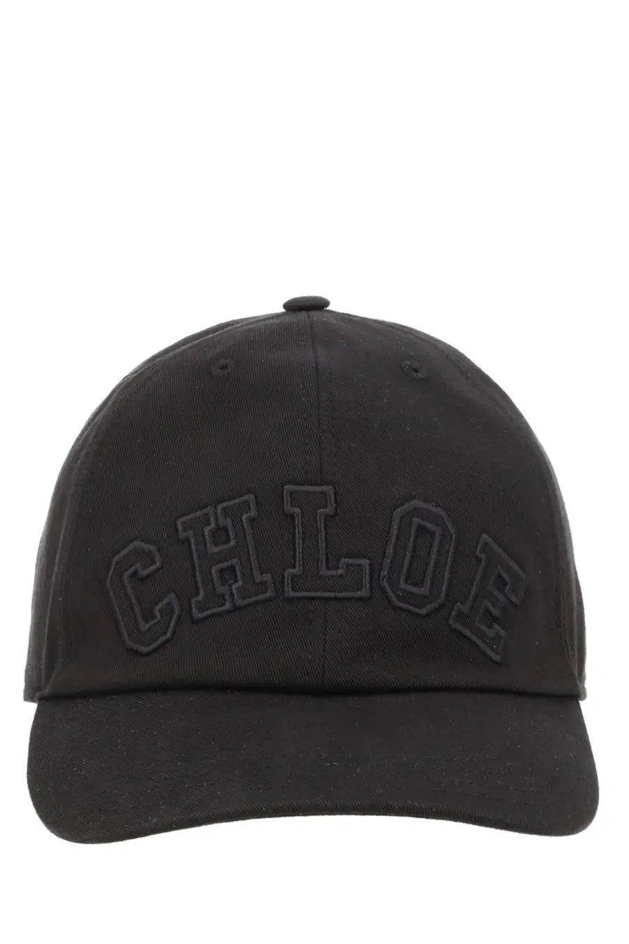 Chloé women’s black baseball cap with embroidered logo, structured six-panel design, and matching fabric brim
