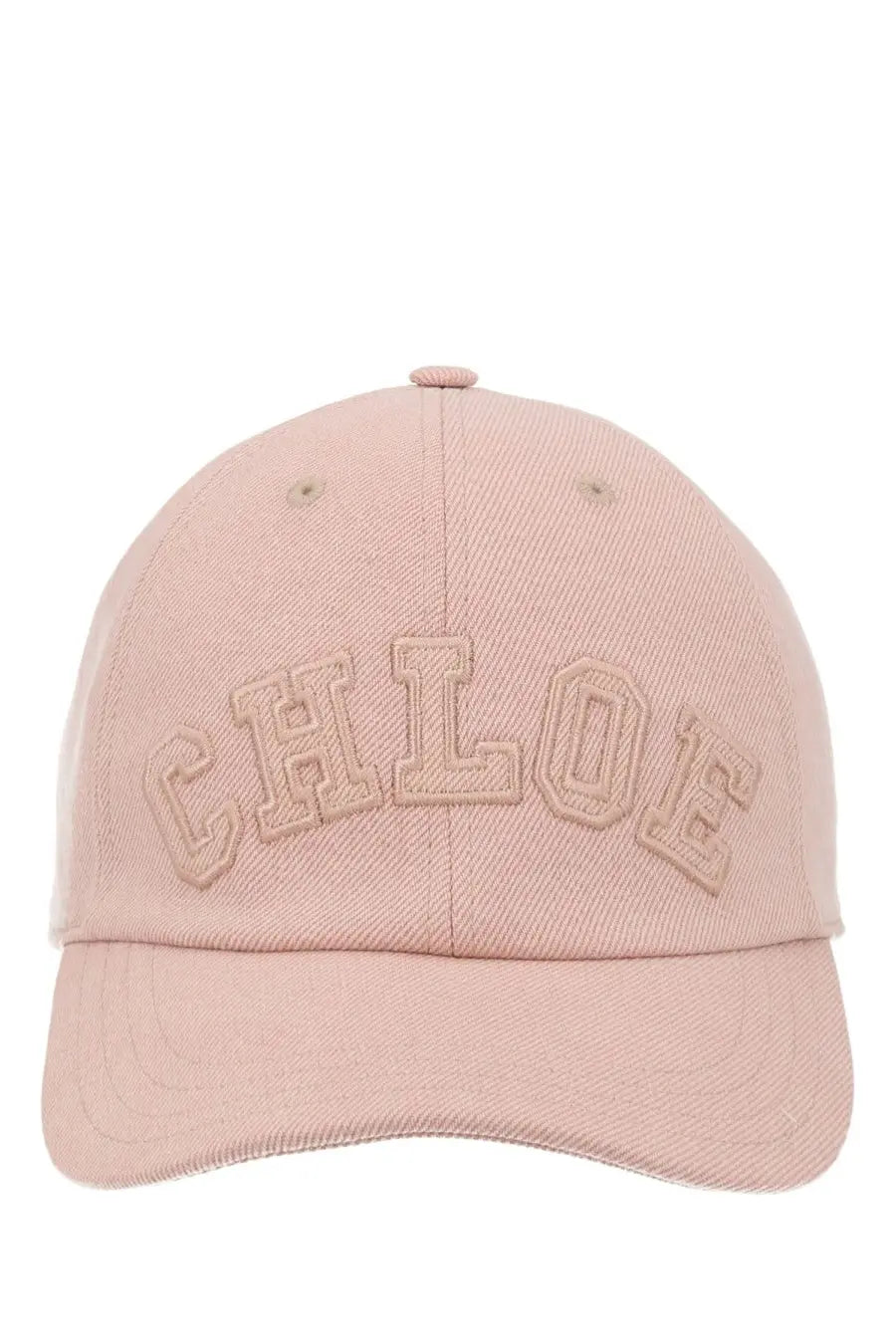 A soft pink chloé women’s baseball cap with embroidered chloe logo in matching tone on the front
