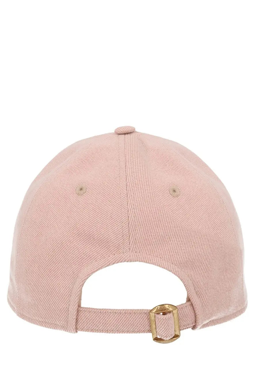 Chloé women’s cappello da baseball soft pink denim cap with gold-toned buckle and adjustable strap backside view