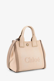 Beige textured leather chloé handbag with top handles detachable shoulder strap and embossed logo on the front