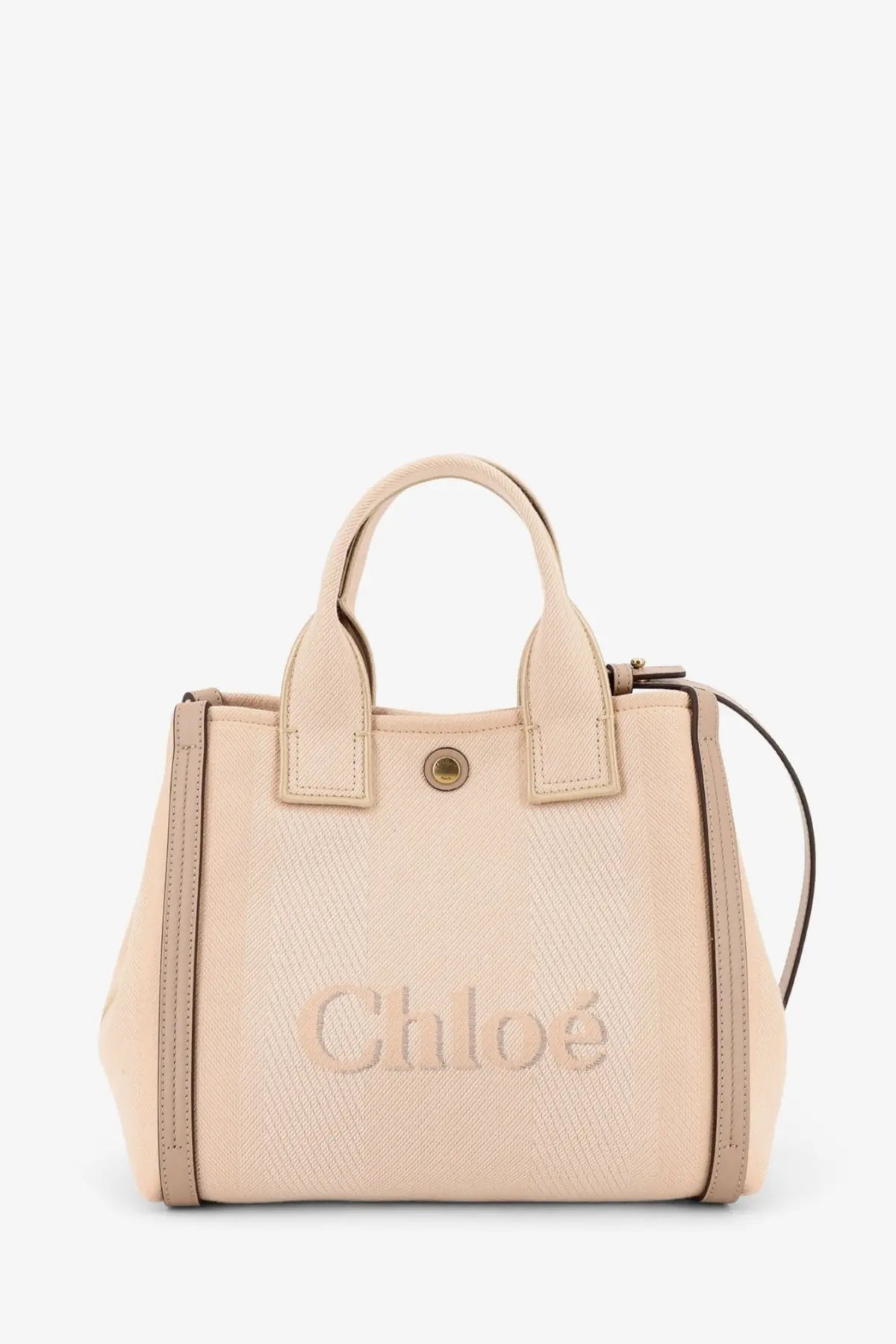 Beige textured leather chloé tote bag with top handles and detachable shoulder strap for versatile carrying