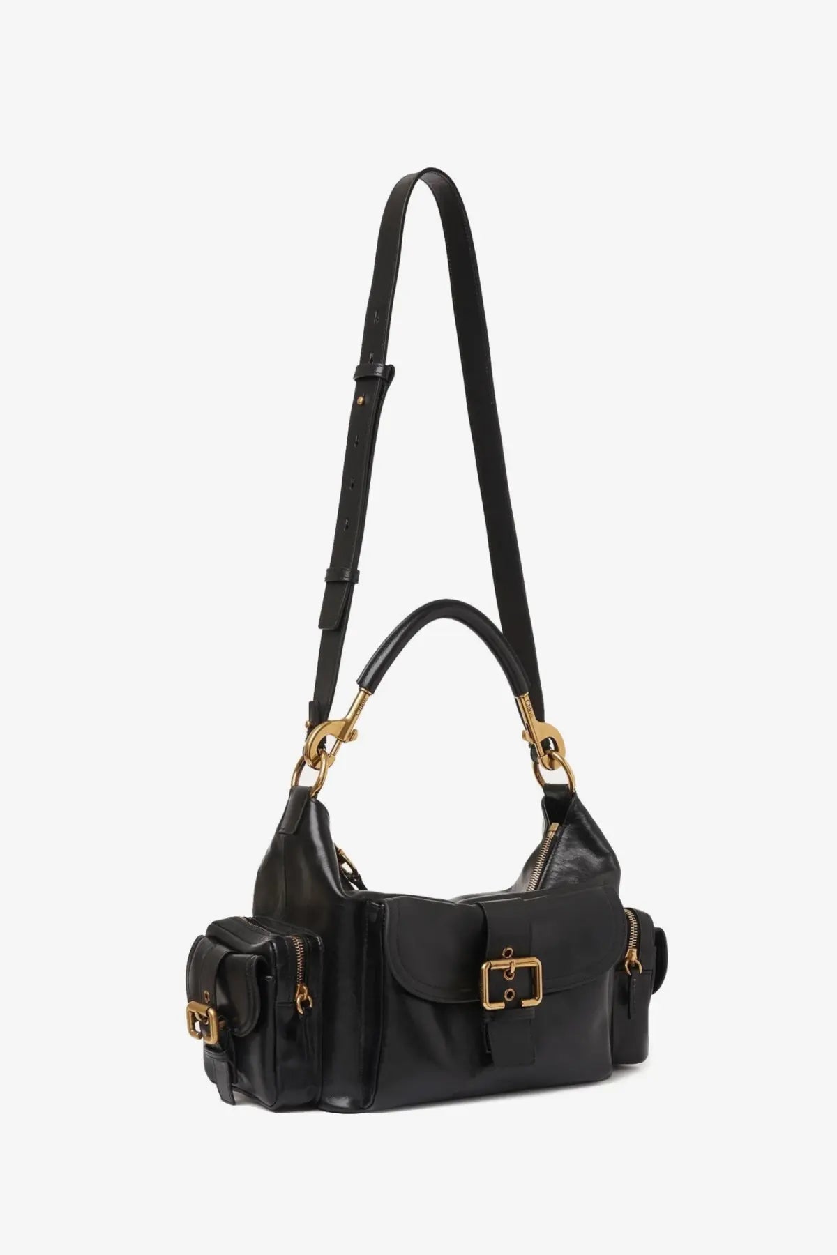 Chloé women’s black shiny buffalo leather crossbody bag with gold-tone hardware and multiple pockets