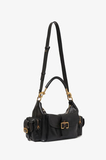 Chloé women’s black shiny buffalo leather crossbody bag with gold-tone hardware and multiple pockets