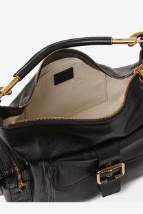 Black leather Chloé women’s carry shiny buffalo leather shoulder bag with gold-tone hardware and beige interior lining