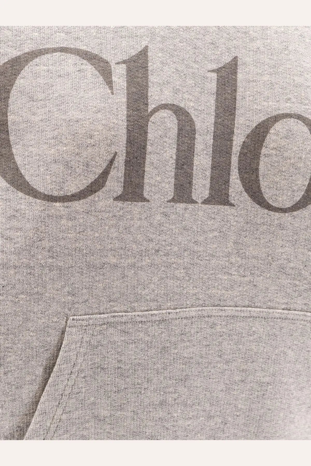 Gray heathered chloé women’s cotton blend sweatshirt with bold dark gray logo across the chest