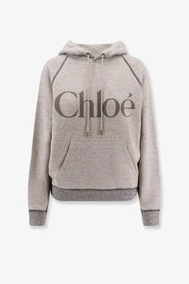 A heather gray chloé women’s cotton blend sweatshirt with a bold black logo and dark gray trim on sleeves hem and cuffs