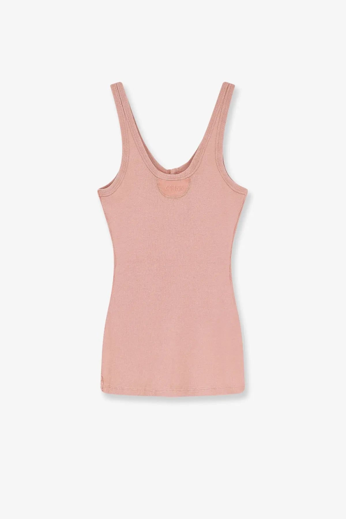 Chloé women’s cotton tank top in soft blush pink ribbed fabric with subtle brand logo at the neckline