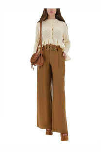 Brown leather crossbody bag with gold-tone chloé logo buckle paired with white crochet knit cardigan for women