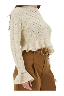 Chloé women’s cream crocheted knit cardigan with diamond lacework, bell sleeves, and ruffled hemline in white