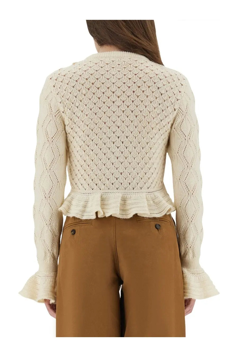 Cream-colored chloé women’s crochet knit cardigan with diamond-patterned back ruffled hem and cuffs shown from back