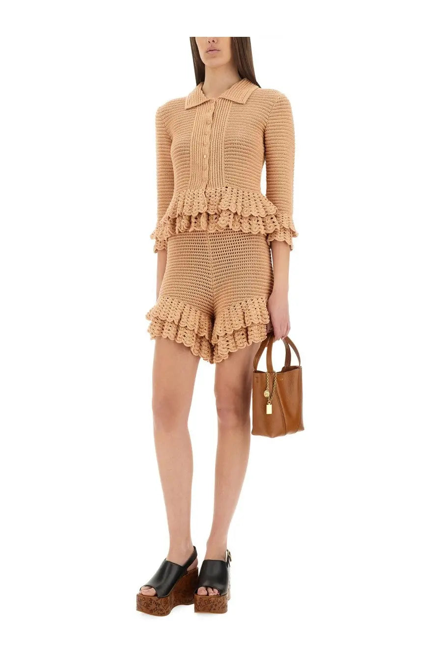 Beige crocheted two-piece set with ruffled hem and collar featuring chloé women’s crochet knit mini shorts beige