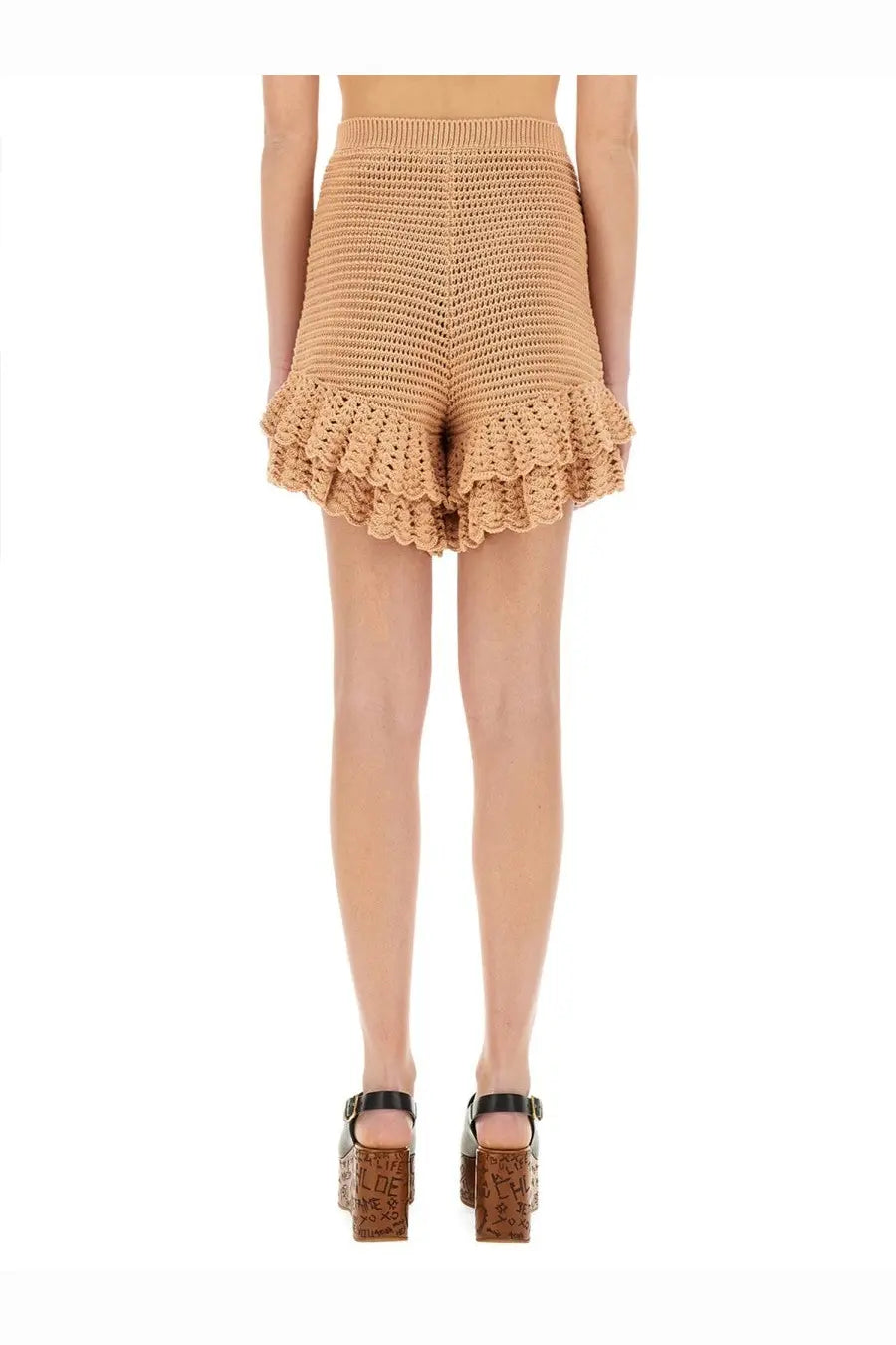 Tan crocheted knit mini shorts with ruffled hem by chloé women’s beige summer casual wear