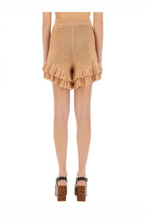 Tan crocheted knit mini shorts with ruffled hem by chloé women’s beige summer casual wear