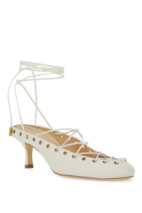 Chloé women’s Écolleté Ghillies white leather lace-up ankle strap pump with gold-tone hardware and low heel