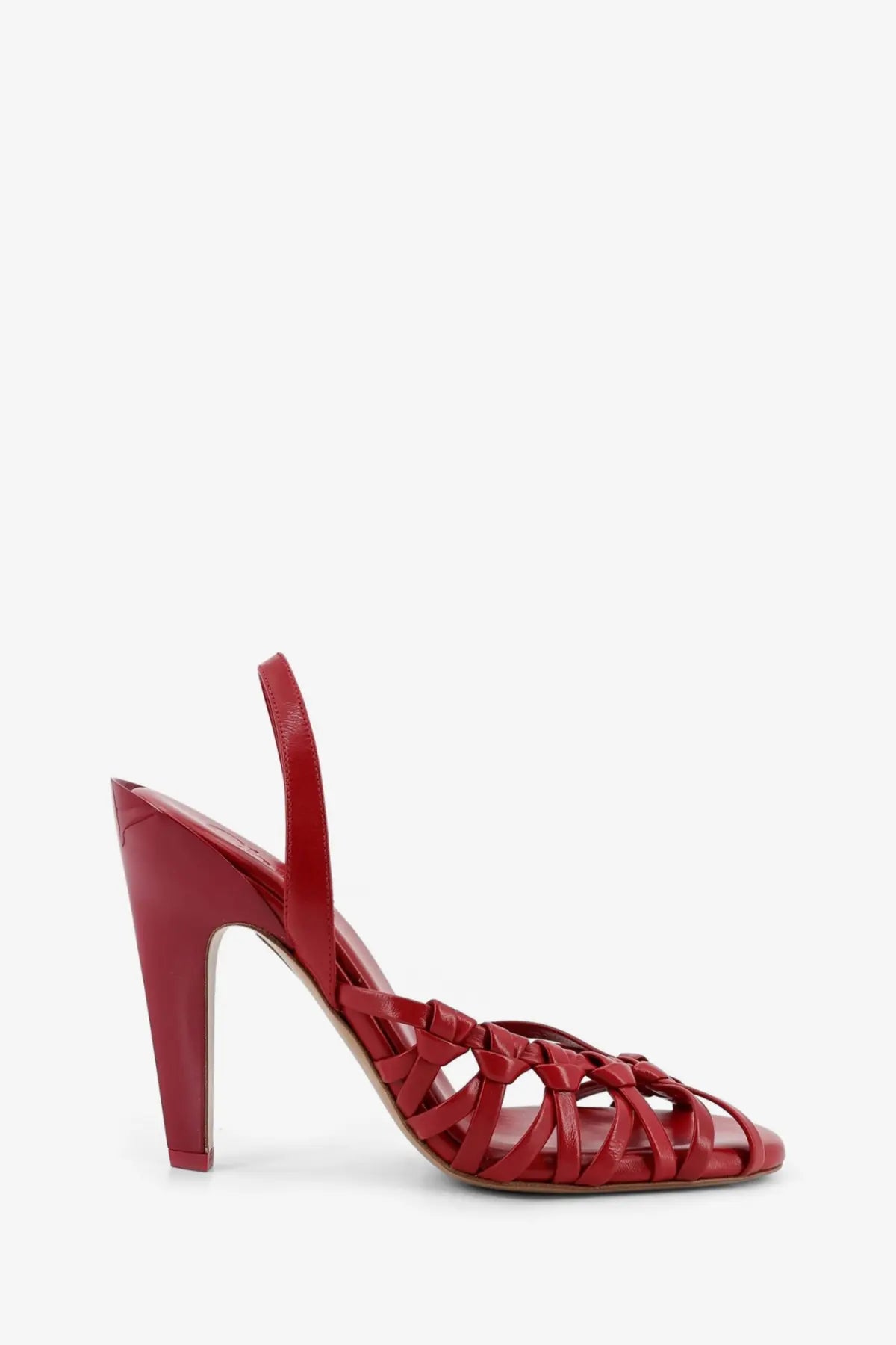 Chloé women’s Estra red patent leather strappy sandal with high heel and woven detailing