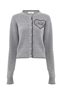 Chloé women’s fitted grey knit cardigan with heart-shaped embroidered logo in black thread