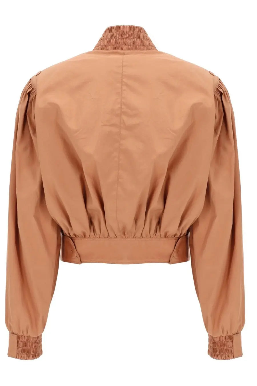 Chloé women’s tan cropped bomber jacket in beige cotton poplin with puffed sleeves and elasticated cuffs