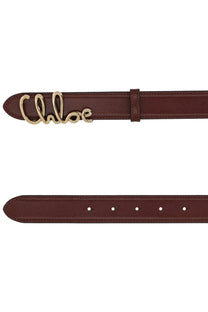 A burgundy leather belt with a gold-tone chloé logo buckle from chloé women’s iconic belt brown collection