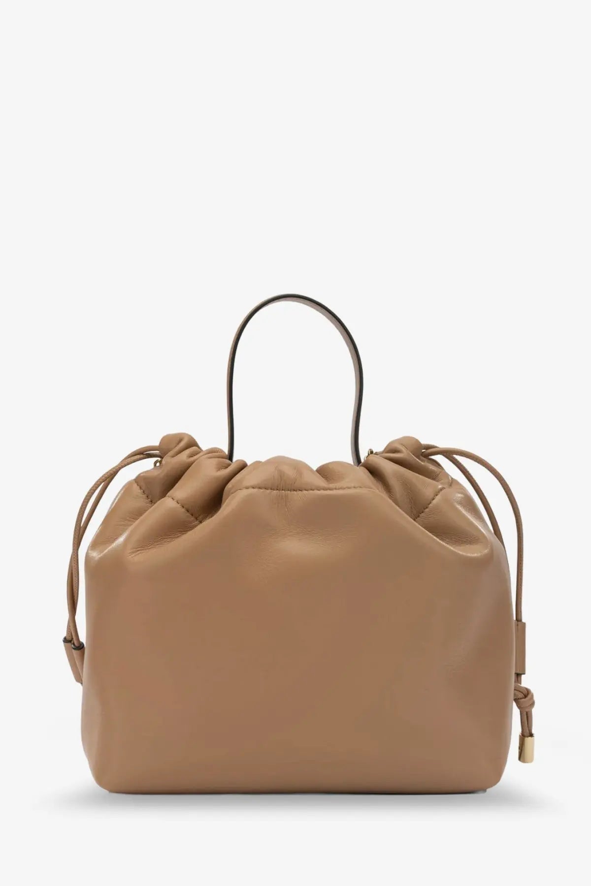 Tan leather drawstring crossbody bag with black handles and gold-tone hardware from chloé women’s chloé icons collection